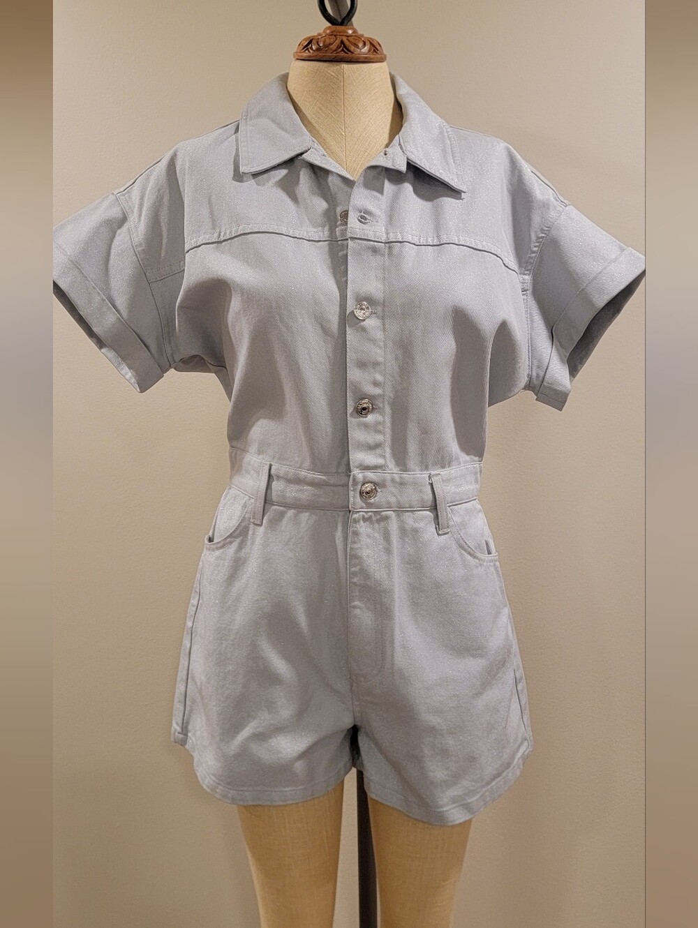 Zara Light Gray Short-Sleeve Denim Romper